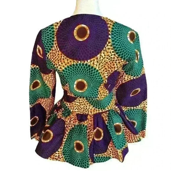 NWT Shenbolen African print dashiki cloth zip up long sleeve peplum blouse S - Picture 3 of 8